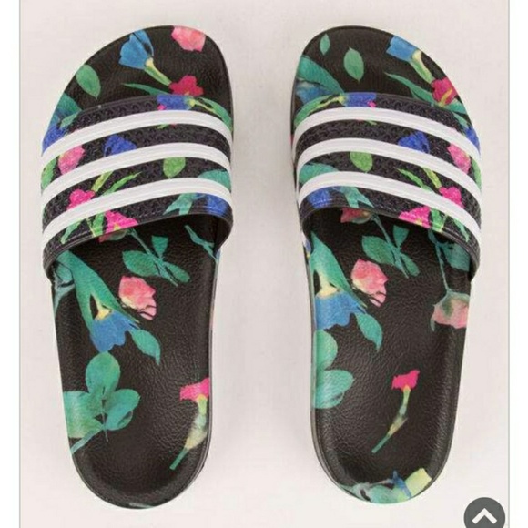 Adidas Adilette Black Floral Slides | Adidas adilette, Black floral, Women shoes